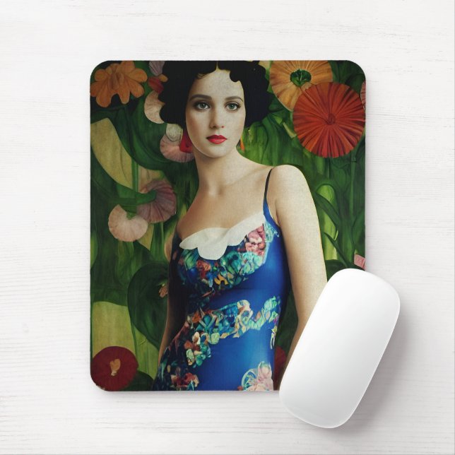 Elegante Art Deco Frauen mit großer Blume Kunst, D Mousepad (Mit Mouse)