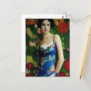 Elegante Art Deco Frauen mit großer Blume Kunst, D Postkarte