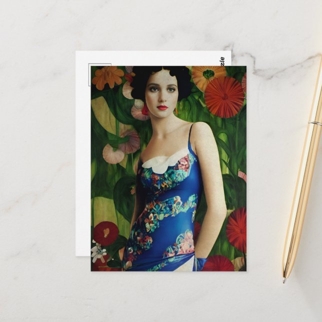 Elegante Art Deco Frauen mit großer Blume Kunst, D Postkarte (Vorderseite/Rückseite Beispiel)
