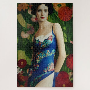 Elegante Art Deco Frauen mit großer Blume Kunst, D Puzzle