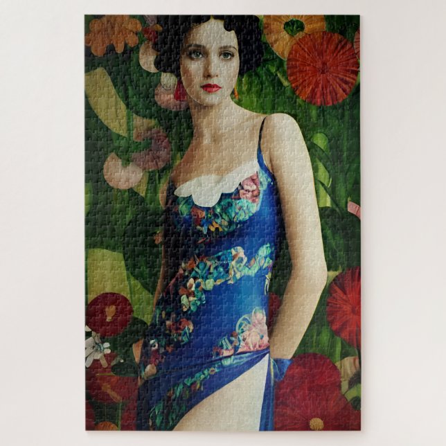 Elegante Art Deco Frauen mit großer Blume Kunst, D Puzzle (Vertikal)