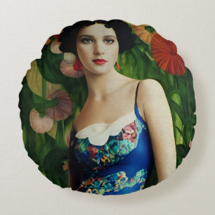 Elegante Art Deco Frauen mit großer Blume Kunst, D Rundes Kissen