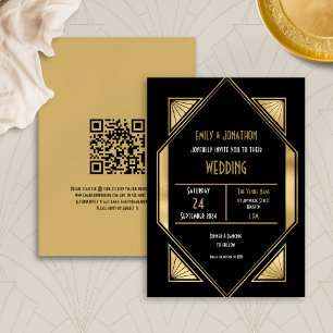 Elegante Art Deco Gold Black QR Code Hochzeit Einladung