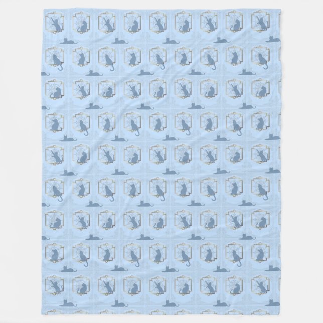 Elegante Art Deco Katzen - Blau Fleecedecke (Vorderseite)