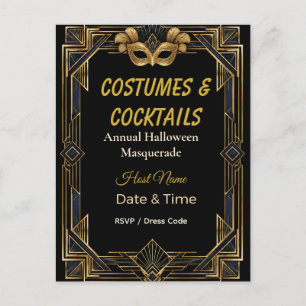 Elegante Art Deco Kostüme und Cocktails Maskerade Einladungspostkarte