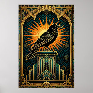 Elegante Art Deco-Krähen-Silhouette Gold & Schwarz Poster