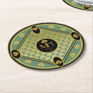 Elegante Art-Déco-Lüftermuster Monogramm Hochzeit Runder Pappuntersetzer
