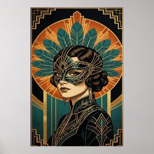 Elegante Art Deco Maskenball Frau Gold Türkis Post Poster