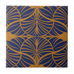 Elegante Art Deco Mustard & Cobalt Blue Scallops Fliese