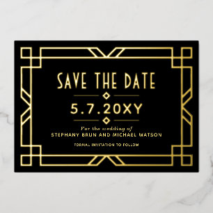 Elegante Art Deco Save-the-Date-Karte in Schwarz m Folieneinladung
