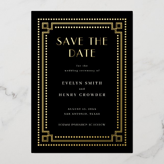 Elegante Art Deco Save the Date Karte mit Grenzen (Vorderseite)