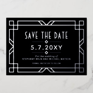 Elegante Art Deco Save the Date Schwarze Silberkar Folieneinladung