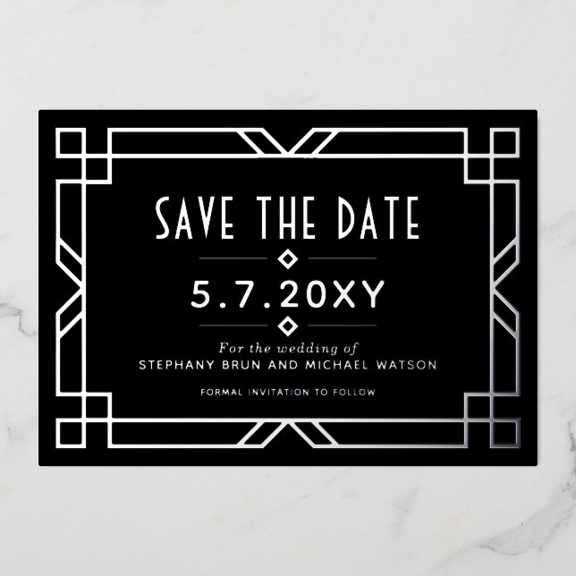 Elegante Art Deco Save the Date Schwarze Silberkar Folieneinladung (Vorderseite)