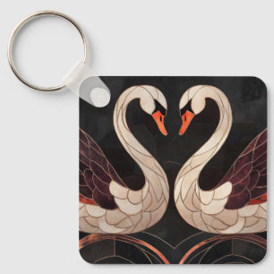 Elegante Art Deco-Schwäne bilden ein Herz Schlüsselanhänger
