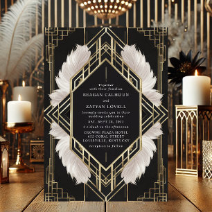 Elegante Art Deco Schwarz und Gold Feder Hochzeit Einladung
