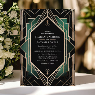 Elegante Art Deco Smaragd-Hochzeit in Schwarz und Einladung