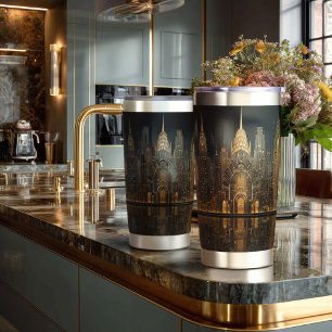 Elegante Art Deco-Stadt-Silhouette in Gold auf Sch Thermobecher
