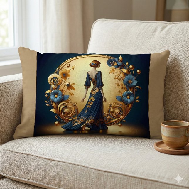Elegante Art Deco Wine tasting in der Fattoria Mon Lendenkissen (Elegant Art Deco Woman in Gold and Blue Lumbar Pillow Mockup A)