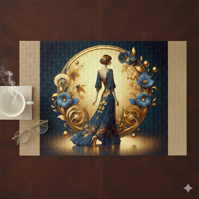 Elegante Art Deco Wine tasting in der Fattoria Mon Puzzle (Elegant Art Deco Woman in Gold and Blue Jigsaw Puzzle Mockup A)
