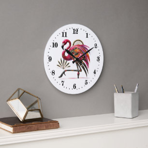 Elegante Art Deko Rosa Flamingo Große Wanduhr