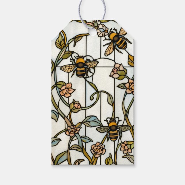 Elegante Art Nouveau-Botanik-Bienen-Glasmalerei Geschenkanhänger (Vorderseite)