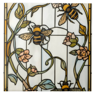 Elegante Art Nouveau botanische Biene Glasmalerei Fliese