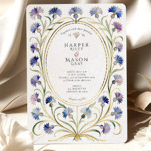 Elegante Art Nouveau Cornflower Gold Hochzeit Einladung