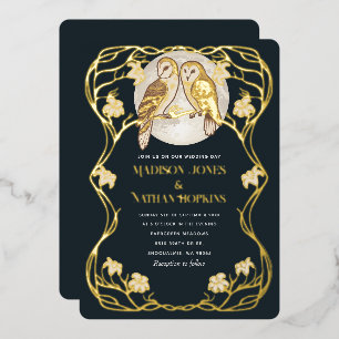 Elegante Art Nouveau-Eulen-Hochzeitseinladung Folieneinladung