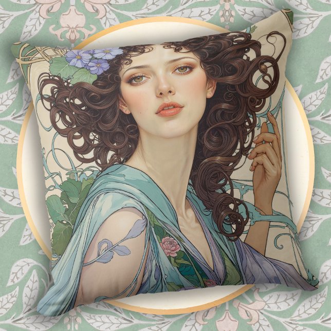 Elegante Art Nouveau Frau mit dunklen Haaren Kissen (Von Creator hochgeladen)