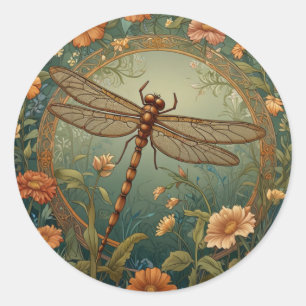 Elegante Art Nouveau Frühlingsgrüne Libelle Runder Aufkleber