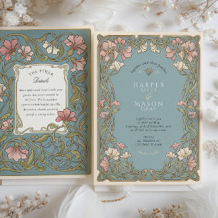 Elegante Art Nouveau-Hochzeit mit rosa Lilie Einladung