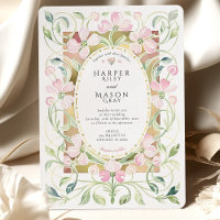 Elegante Art Nouveau-Rosa-Floral-Goldrahmen-Hochze