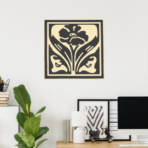 Elegante Art Nouveau Schwarz Beige Blume Poster