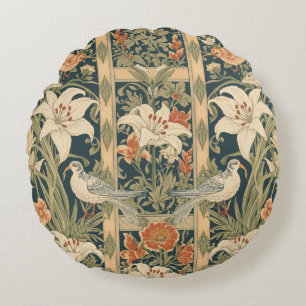 Elegante Art Nouveau Vintage-Botanik-Lilie-Vogel Rundes Kissen