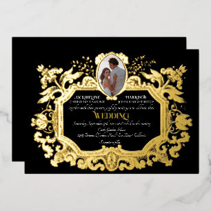 Elegante Art Nouveau Winter Black n Gold Wedding Folieneinladung