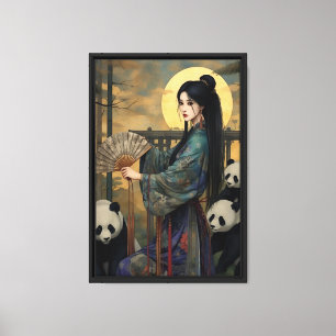Elegante asiatische Frau mit Pandas - Mondlicht Ar Leinwanddruck
