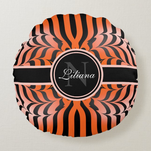 Elegante Ästhetik Orange & Black Tiger Skin Print Rundes Kissen (Vorderseite)