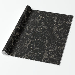Elegante Astrologie Zodiac Black/Gold Geschenkpapier