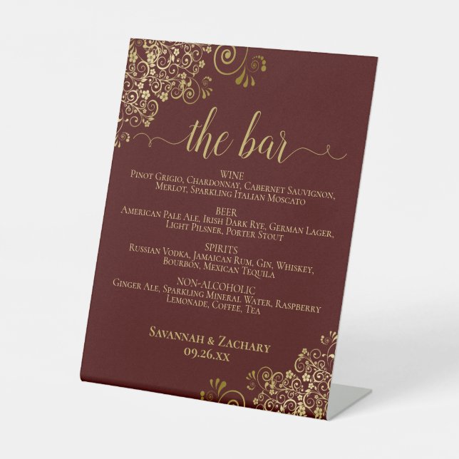 Elegante Auburn & Gold Drinks oder Bar Menu Weddin Sockelschild (Vorderseite)