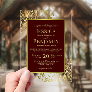 Elegante Auburnbraun- und Goldene stilvolle Text H Acryleinladungen