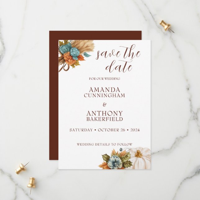 Elegante Autumn Pumpkin Save the Date Card (Vorderseite/Rückseite Beispiel)