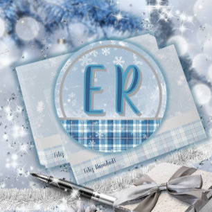 Elegante Azul Etiqueta Monograma Navideña Runder Aufkleber