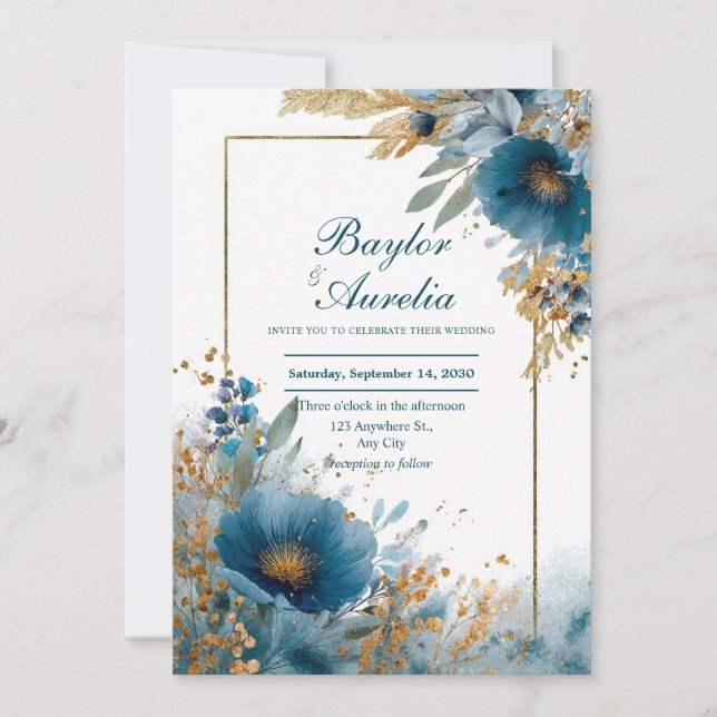 Elegante Azure Blooms & Gold Frame Wedding Einladung (Vorderseite)