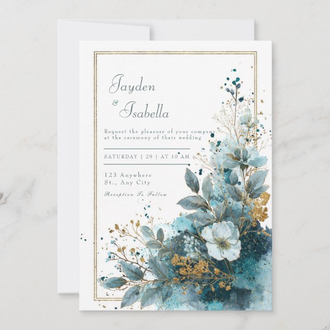 Elegante Azure Blooms Watercolor Wedding Einladung (Vorderseite)