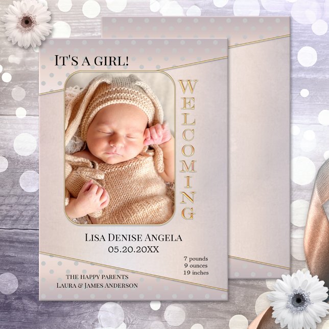 Elegante Baby Birth Foto Announcement Card Dankeskarte (Elegant birth announcement card featuring your baby photo on an artistic gold with polka dots)