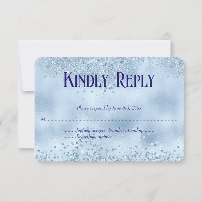 Elegante Baby Blue Glitzer & Foil Wedding RSVP Kar Karte (Vorderseite)