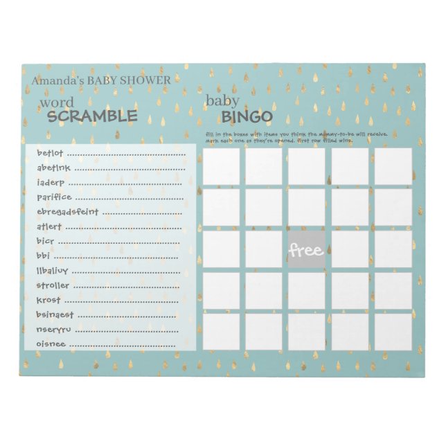 Elegante Baby Blue & Gold Raindrops Shower Games Notizblock (Vorderseite)