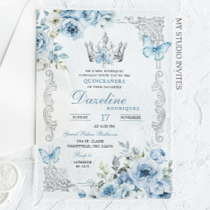 Elegante Baby Blue Kronen-Quinceanera Acryleinladungen