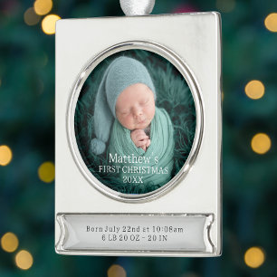 Elegante Baby Boy Geburtsstatistik Erstes Weihnach Banner-Ornament Silber