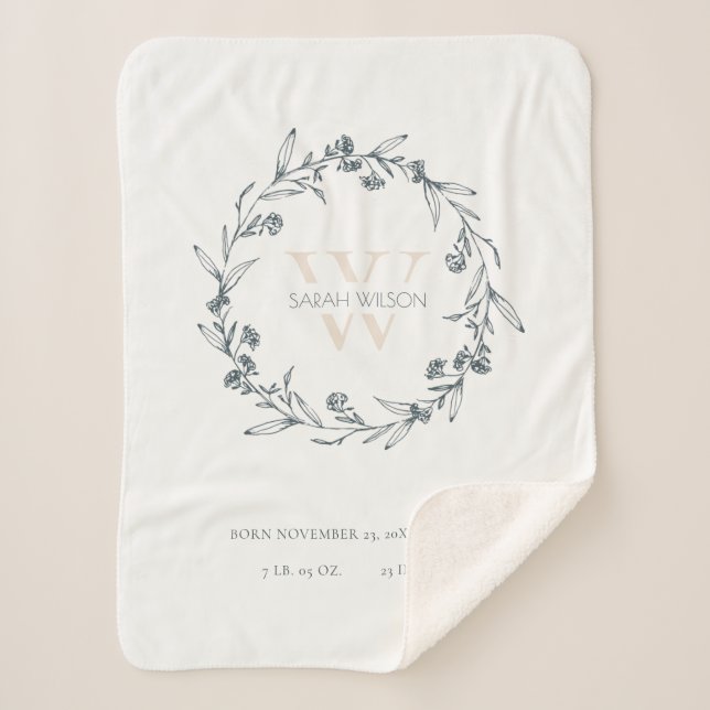 Elegante Baby Laurel Wreath Monogram Baby Statats Sherpadecke (Vorderseite)